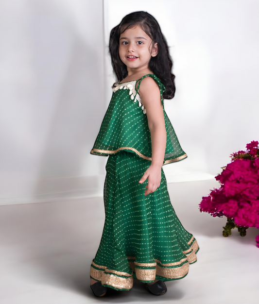 Green Bandhej Top with Skirt for Girls