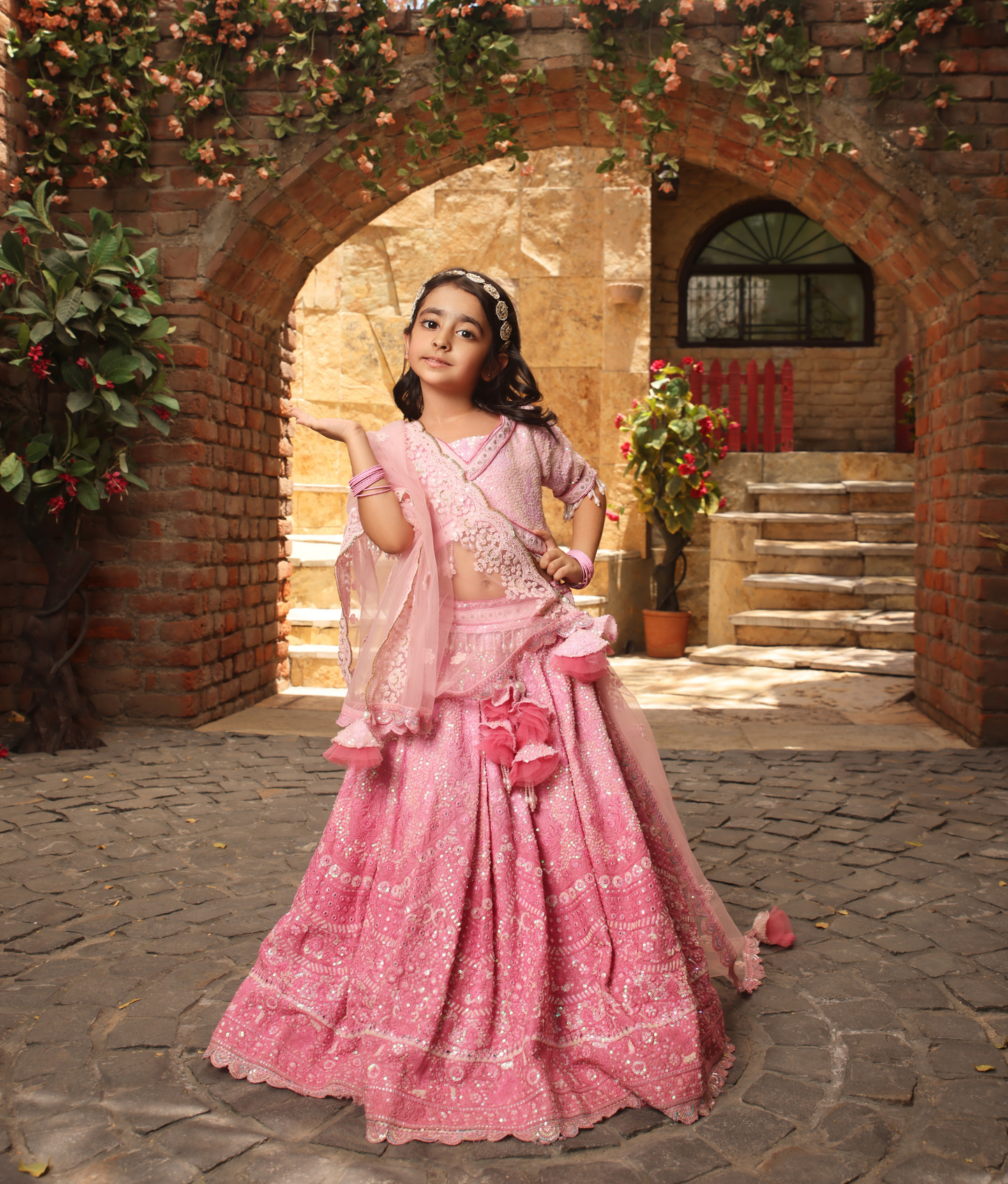 Pink Thread Work Lehenga for Girls