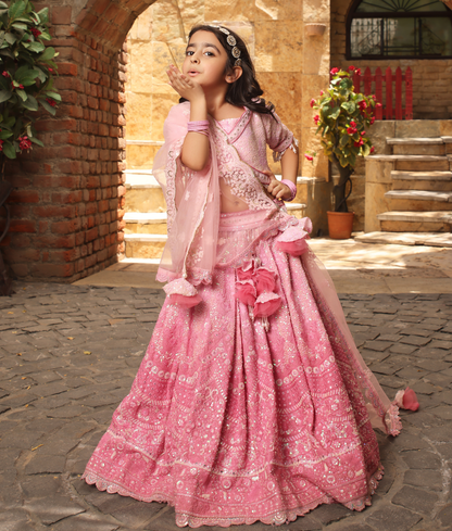 Pink Thread Work Lehenga for Girls