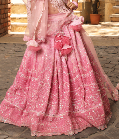 Pink Thread Work Lehenga for Girls