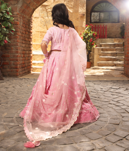 Pink Thread Work Lehenga for Girls