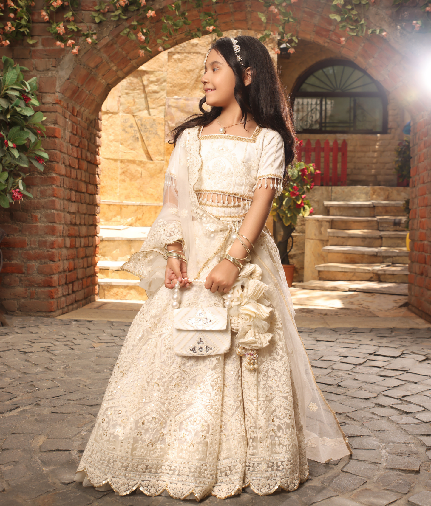 Off-White Thread Lehenga for Girls