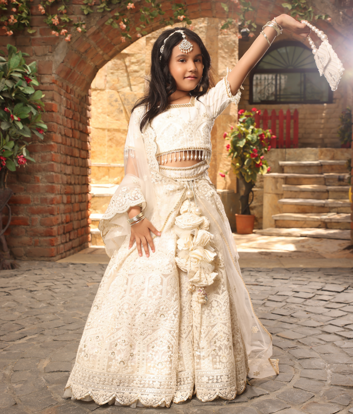 Off-White Thread Lehenga for Girls