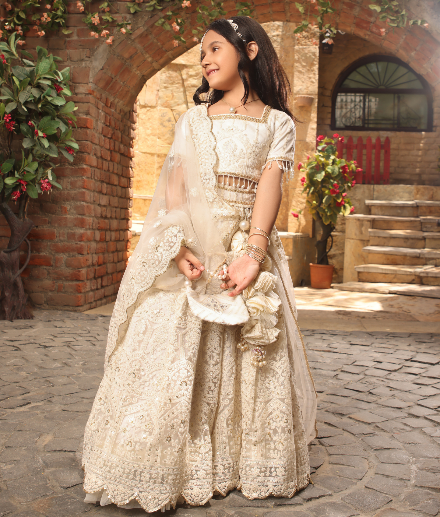 Off-White Thread Lehenga for Girls