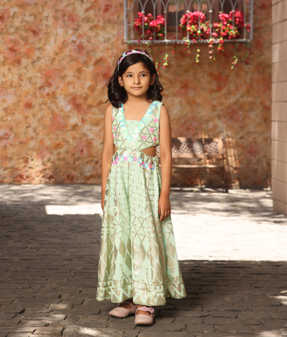 Sea Green Sequence Embroidery Jumpsuit for Girls