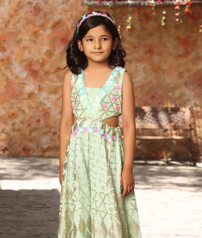 Sea Green Sequence Embroidery Jumpsuit for Girls