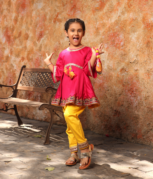 Pink Kurti with Yellow Salwar for Girls