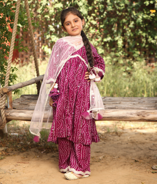 Purple Bandhej Cotton Suit