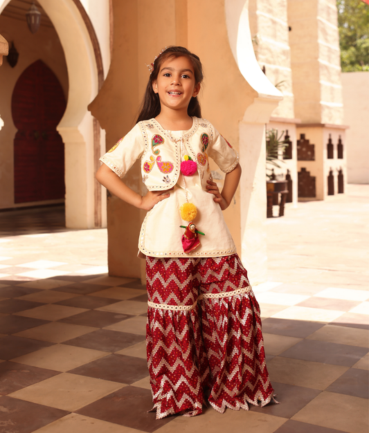 Off white Kurti with Maroon Sharara