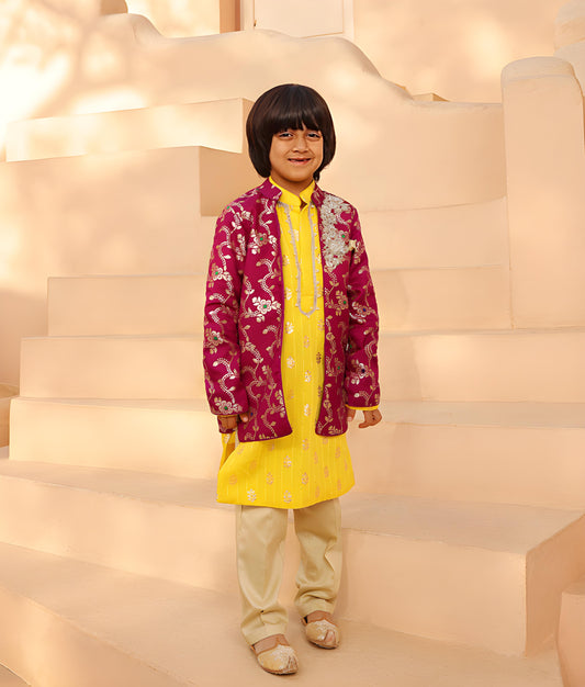 Purple Brocade Jacket with Kurta and Pant