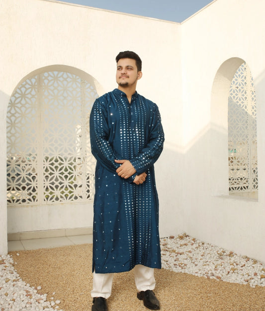 Blue Mirror Embroidered Kurta Set