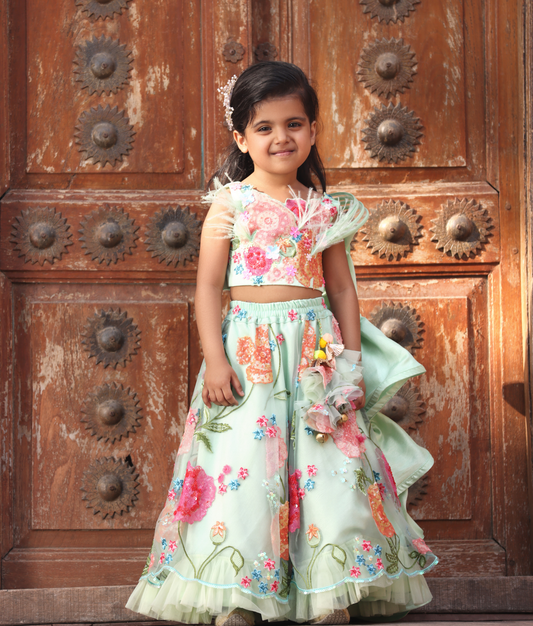 Green Embroidered Crop Top Skirt for Girls