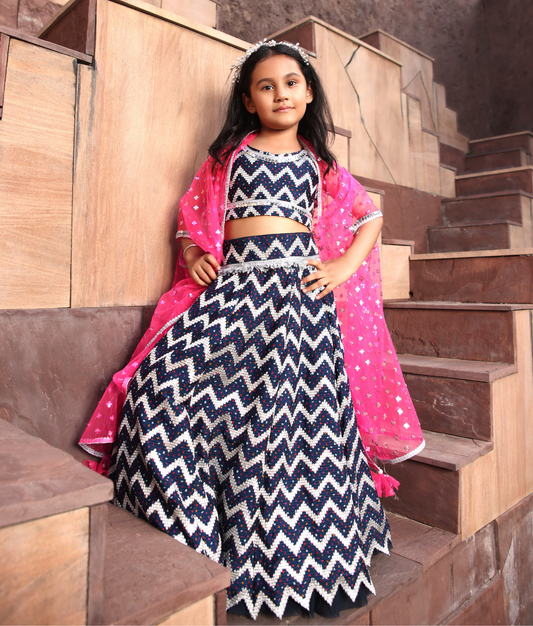 Hot Pink Cape with Dark Blue Lehenga Choli for Girls