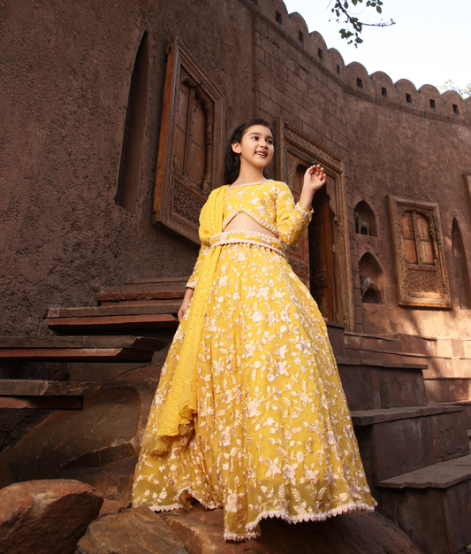 Yellow Parsi work Lehenga Choli for Girls