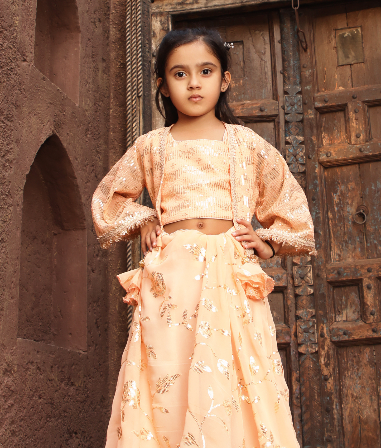 Peach Sequence Embroidery Crop Top with Jacket for Girls