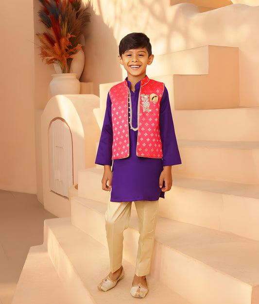 Pink Brocade Jacket with Kurta and Pant