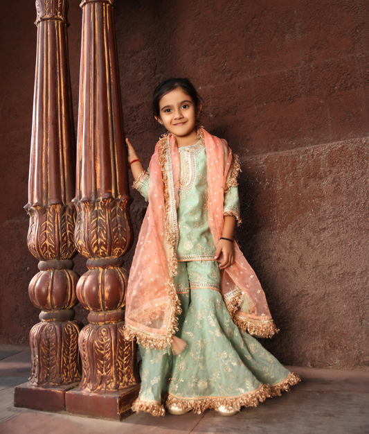 Green Embroidery Kurti Sharara for Girls