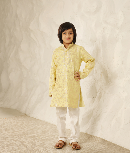 Yellow Chanderi Kurta with Pant for Boys