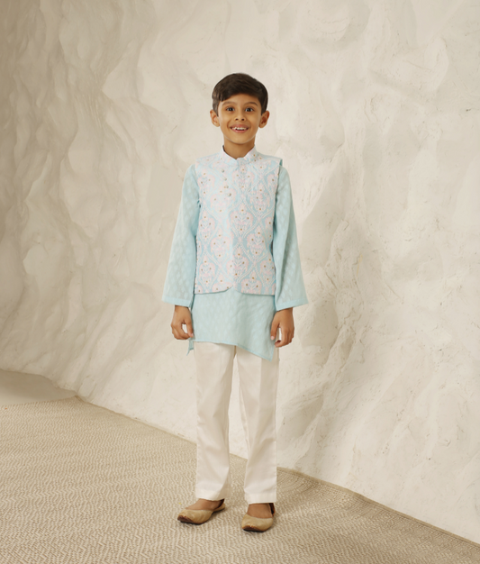 Blue Embroidered Jacket with Kurta and Pant for Boys