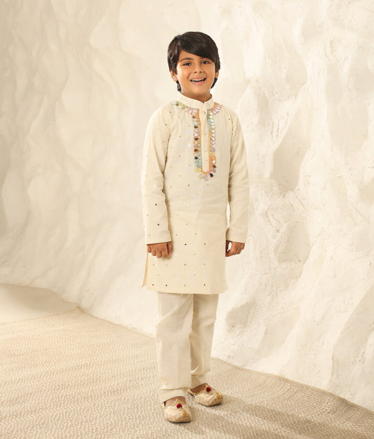 Off white Faux Mukaish Kurta with Pant for Boys