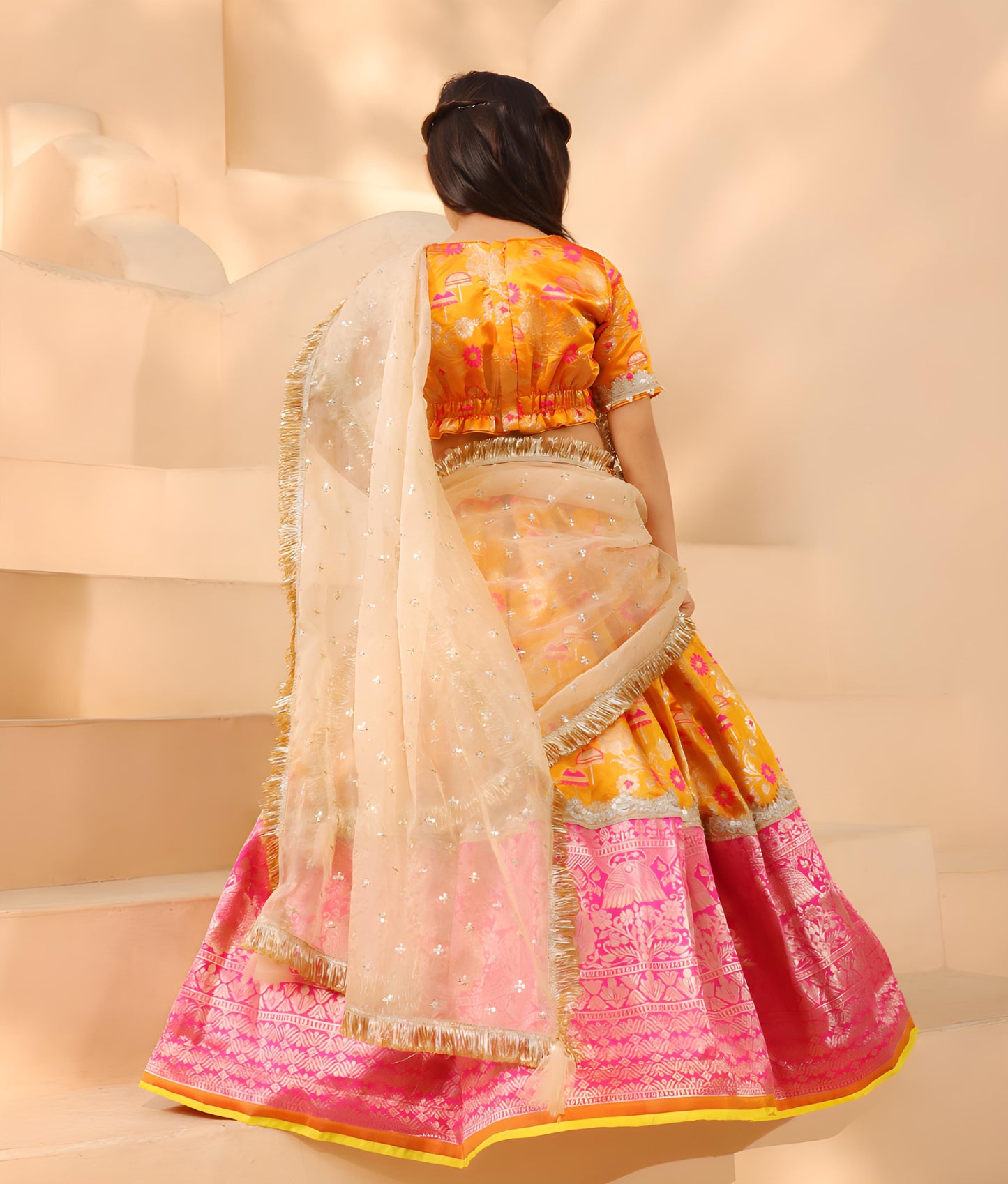 Orange Brocade Choli lehenga Set