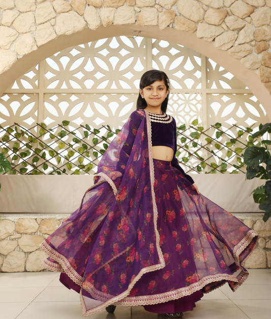 Purple Velvet Choli with Printed Lehenga  for Girls