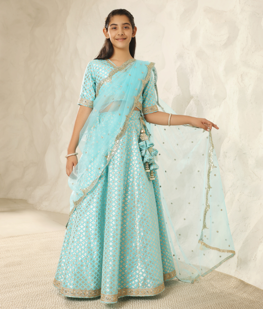 Blue Chanderi Lehenga Choli for Girls