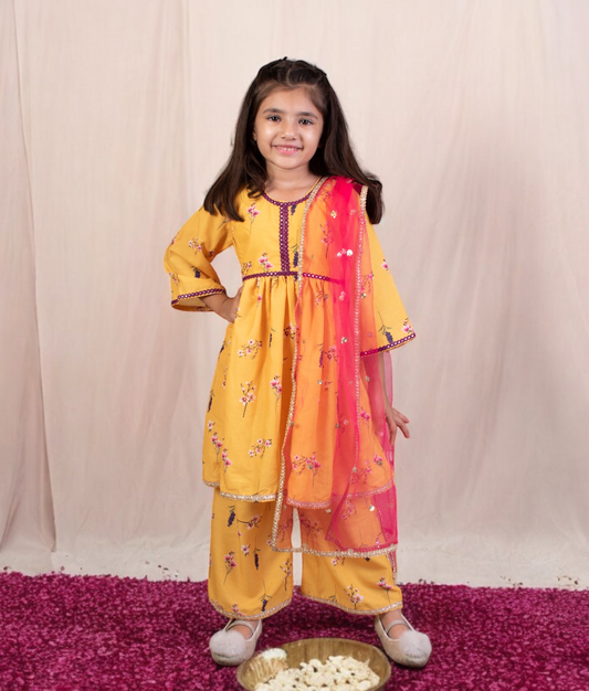 Yellow Flower Printed Kurti with Pant for Girls