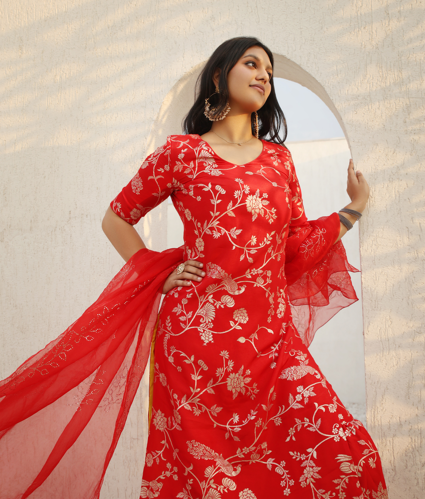 Red Brocade Kurti Sharara Set