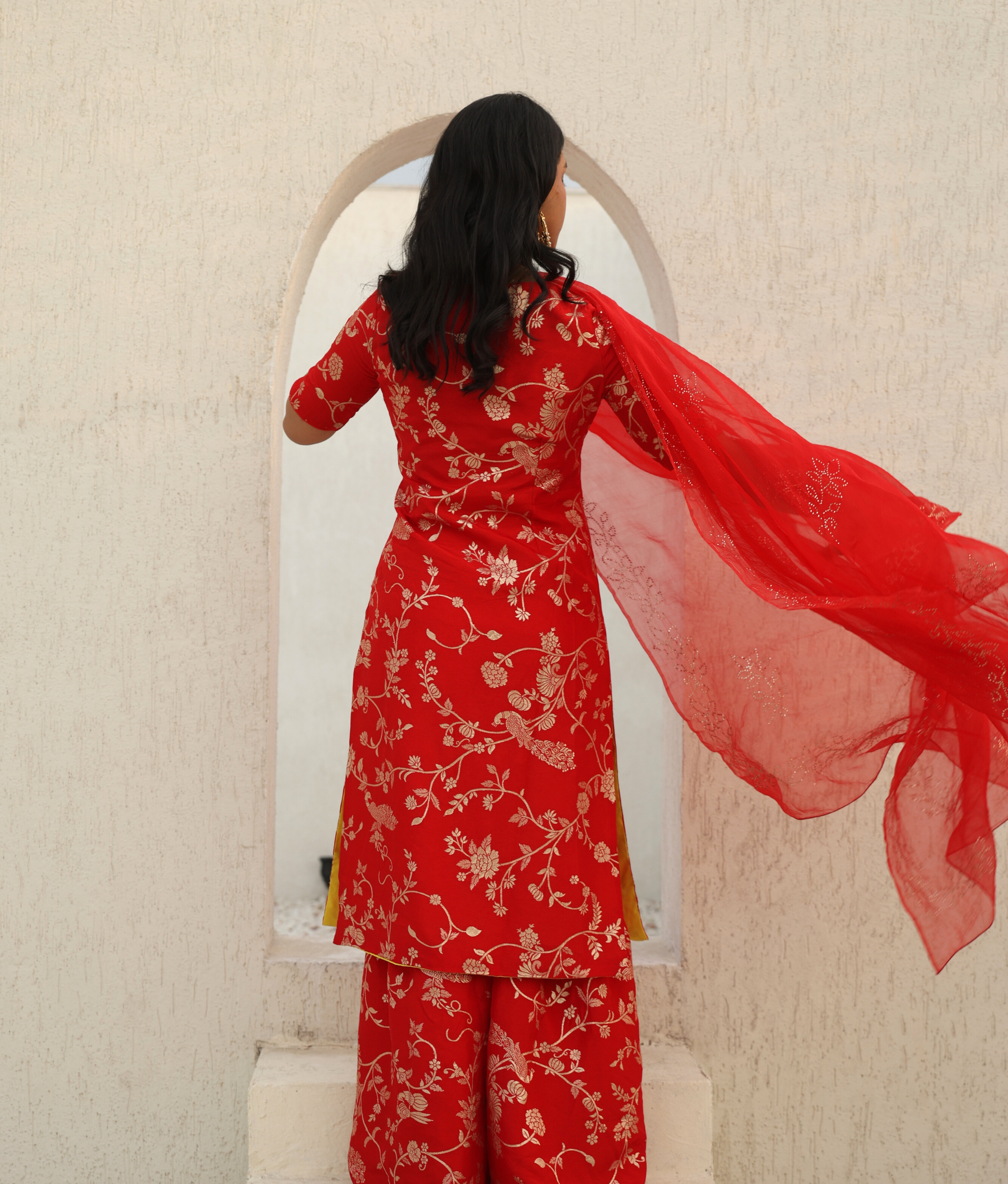 Red Brocade Kurti Sharara Set