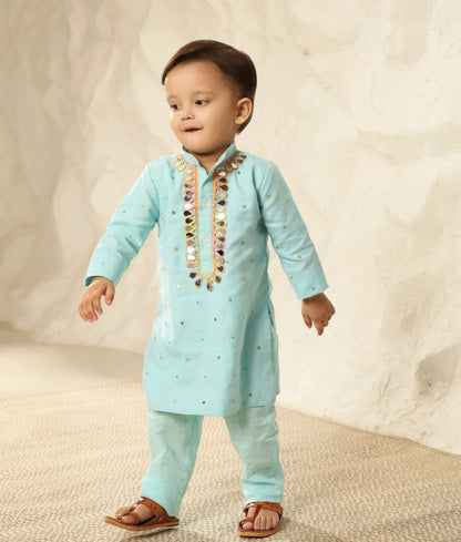 Blue Faux Mukaish Kurta with Pant for Boys