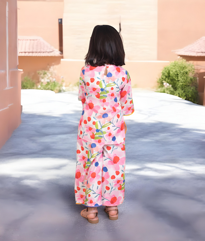 Pink Floral Printed Kurti with Pants for Girls