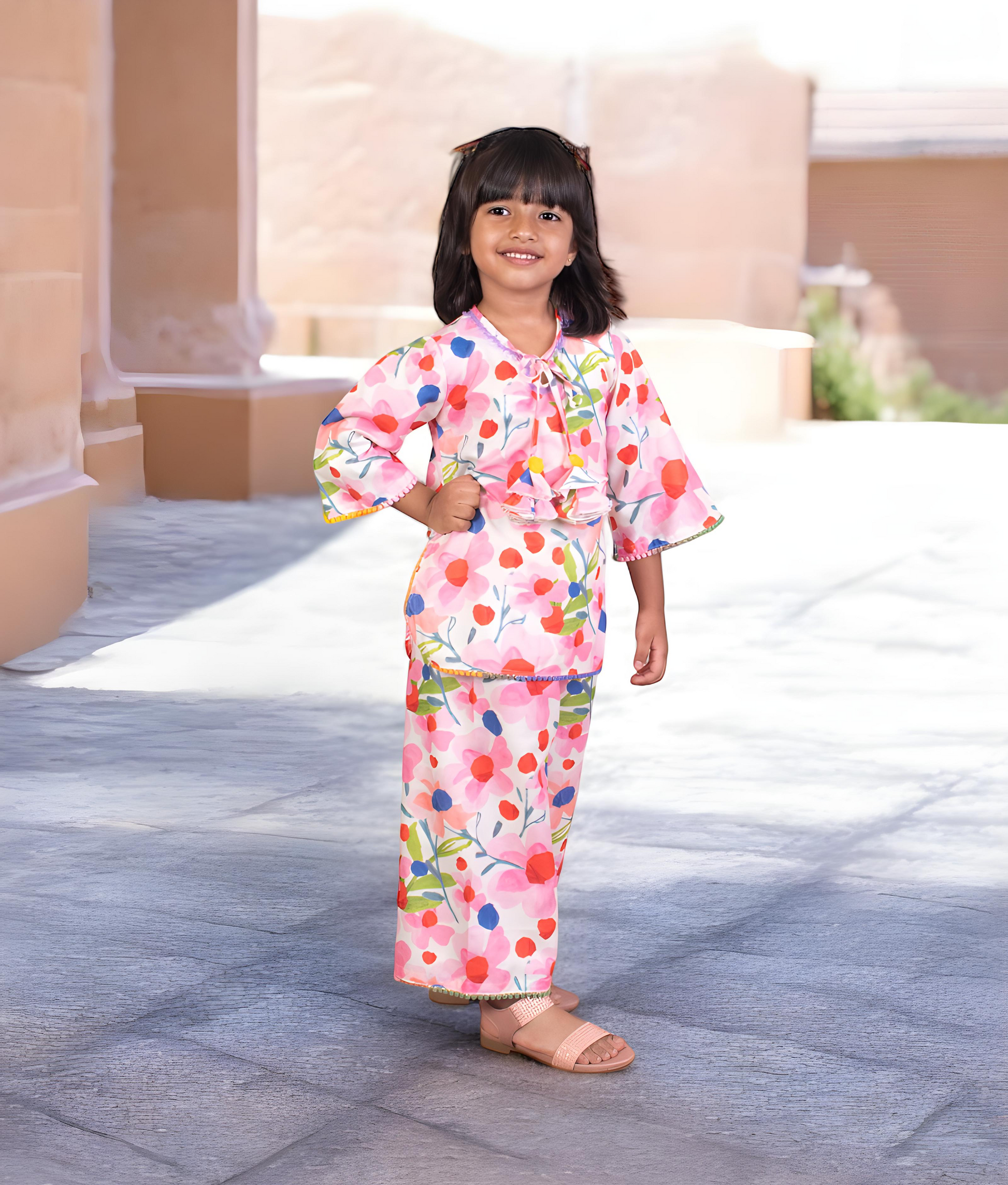 Pink Floral Printed Kurti with Pants for Girls