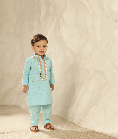 Blue Faux Mukaish Kurta with Pant for Boys