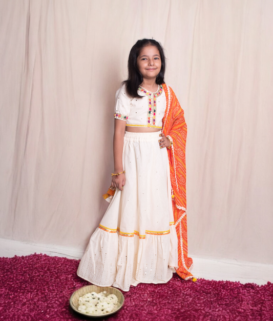 Off white Faux Mukaish work Top & Skirt for Girls