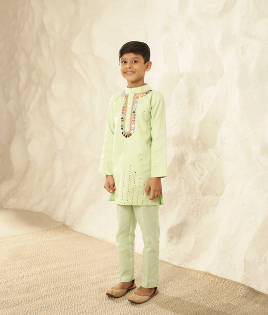 Green Faux Mukaish Kurta with Pant for Boys