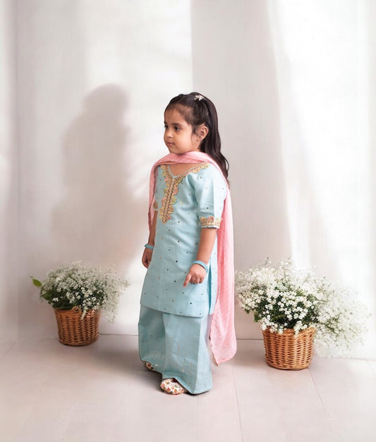 Blue Faux Mukaish Work Kurti with Sharara