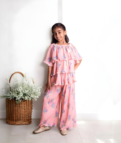 Peach Printed Layered kurti with Plazzo for Girls