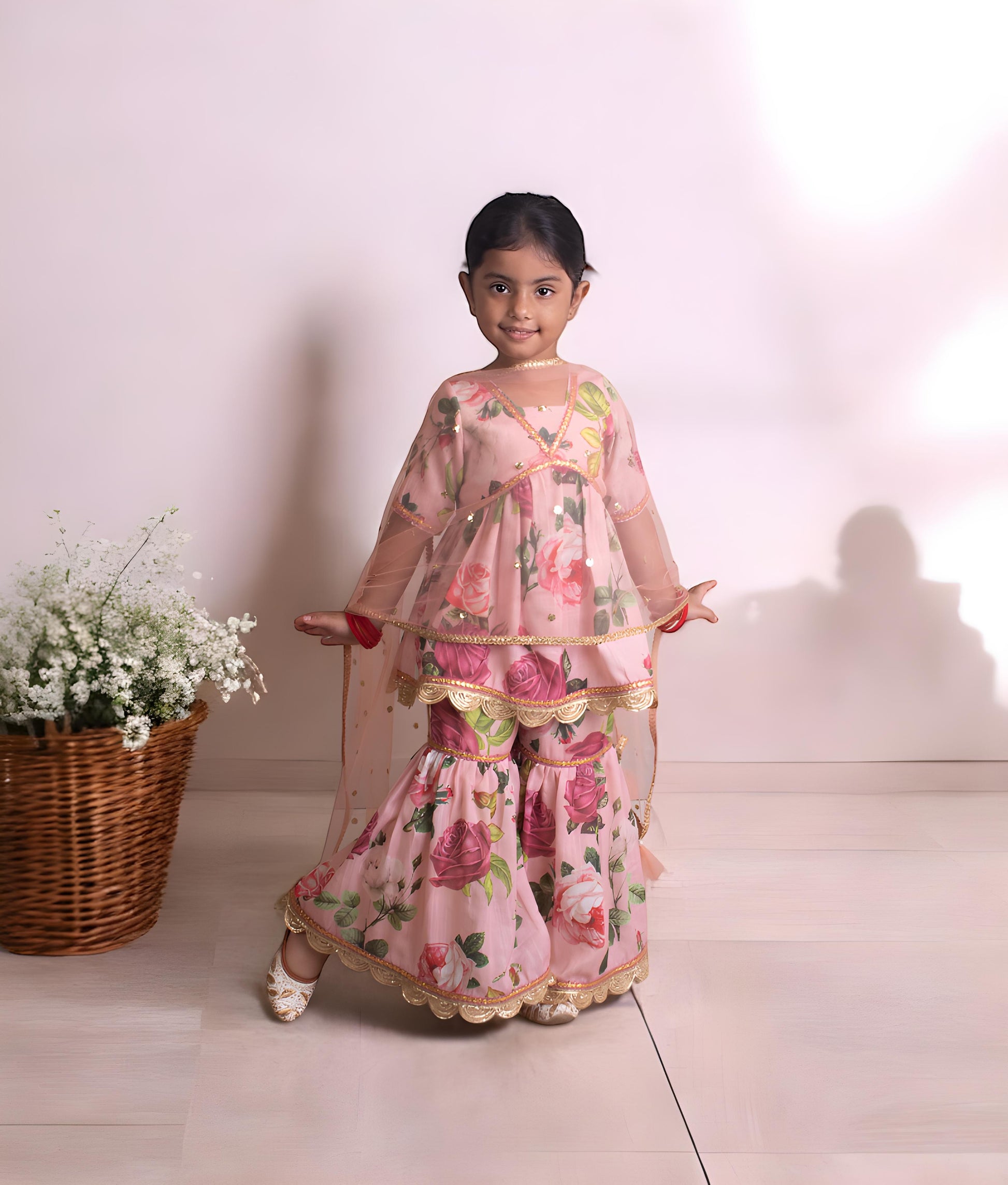 Peach Printed Kurti with Sharara