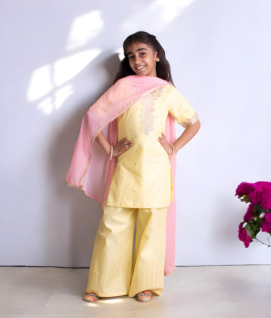 Yellow Faux Mukaish Work Kurti with Sharara