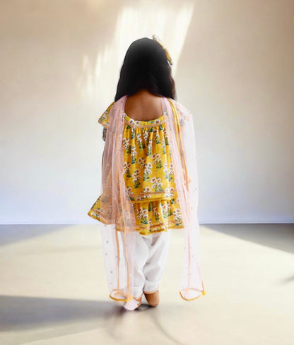 Yellow Printed Kurti with Dhoti