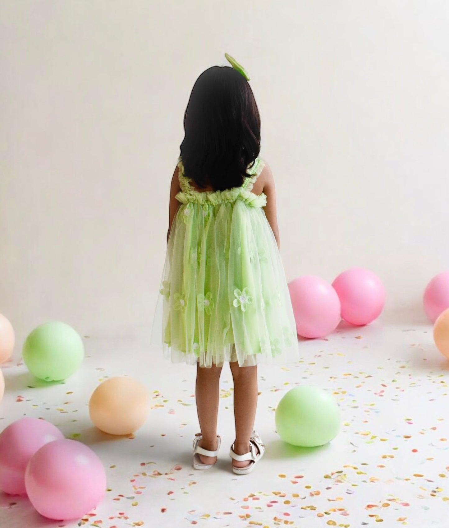 Green Flower Embroidered Net Dress