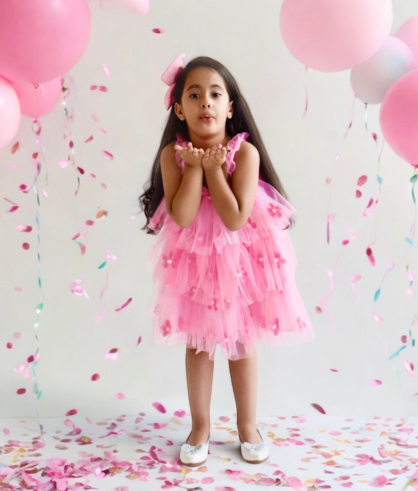 Pink Flower Embroidered Net Dress