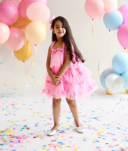 Pink Flower Embroidered Net Dress