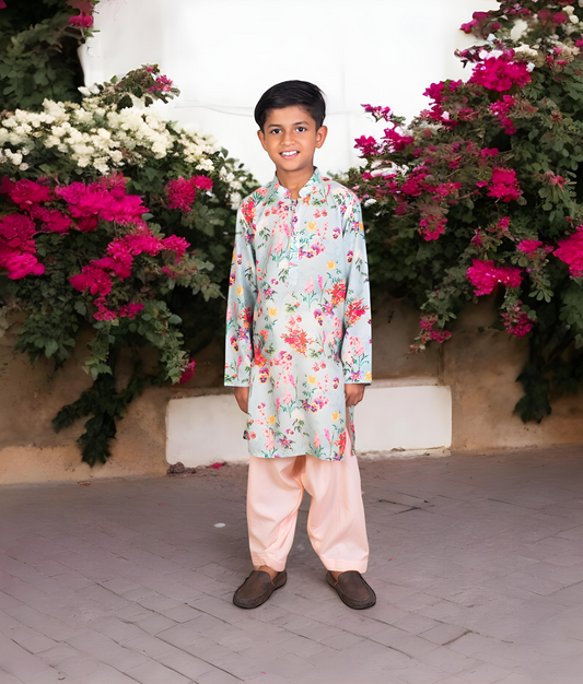 Green Printed Kurta with Salwar for Boys