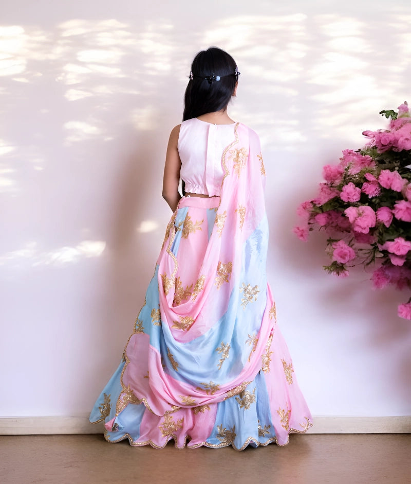 Buy Pink & Blue Embroidered Lehenga Set for Girls Online