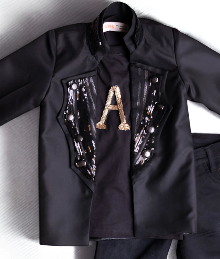 Black Embroidered Coat & Denim Set for Boys