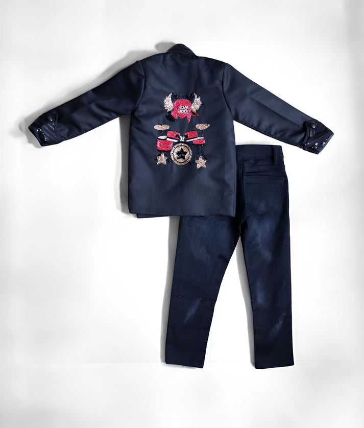 Black Embroidered Coat & Denim Set for Boys