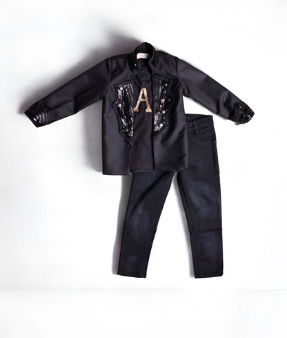 Black Embroidered Coat & Denim Set for Boys