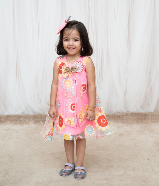 Pink Flower Printed Organza Dress